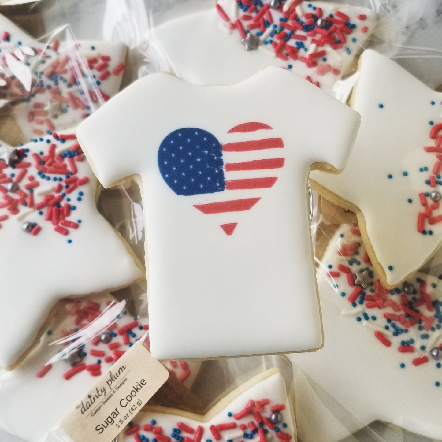 tshirt shaped cookie, logo cookie with American Flag heart