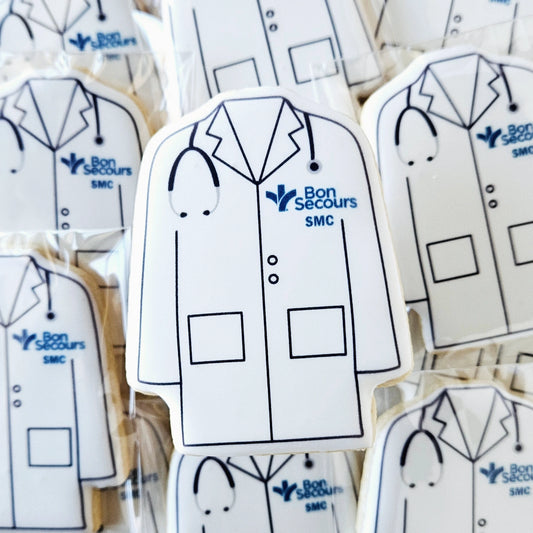 Lab coat cookies, doctor cookies, scientist cookies, pharmacy cookies, pharmacist cookies, pharmacy graduation cookies, medical school graduation, match day cookies