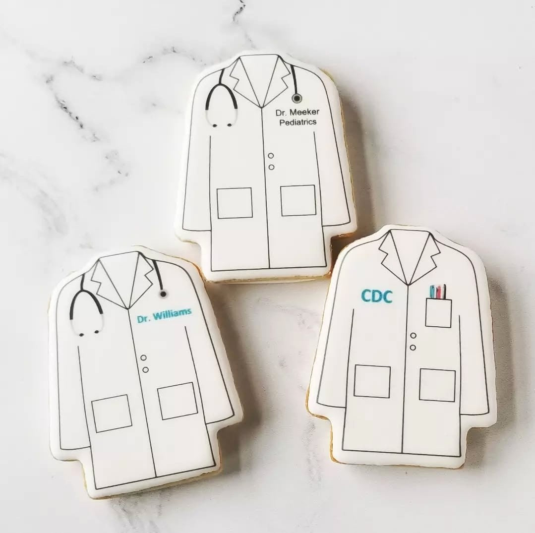 Lab coat cookies, doctor cookies, scientist cookies, pharmacy cookies, pharmacist cookies, pharmacy graduation cookies, medical school graduation, match day cookies