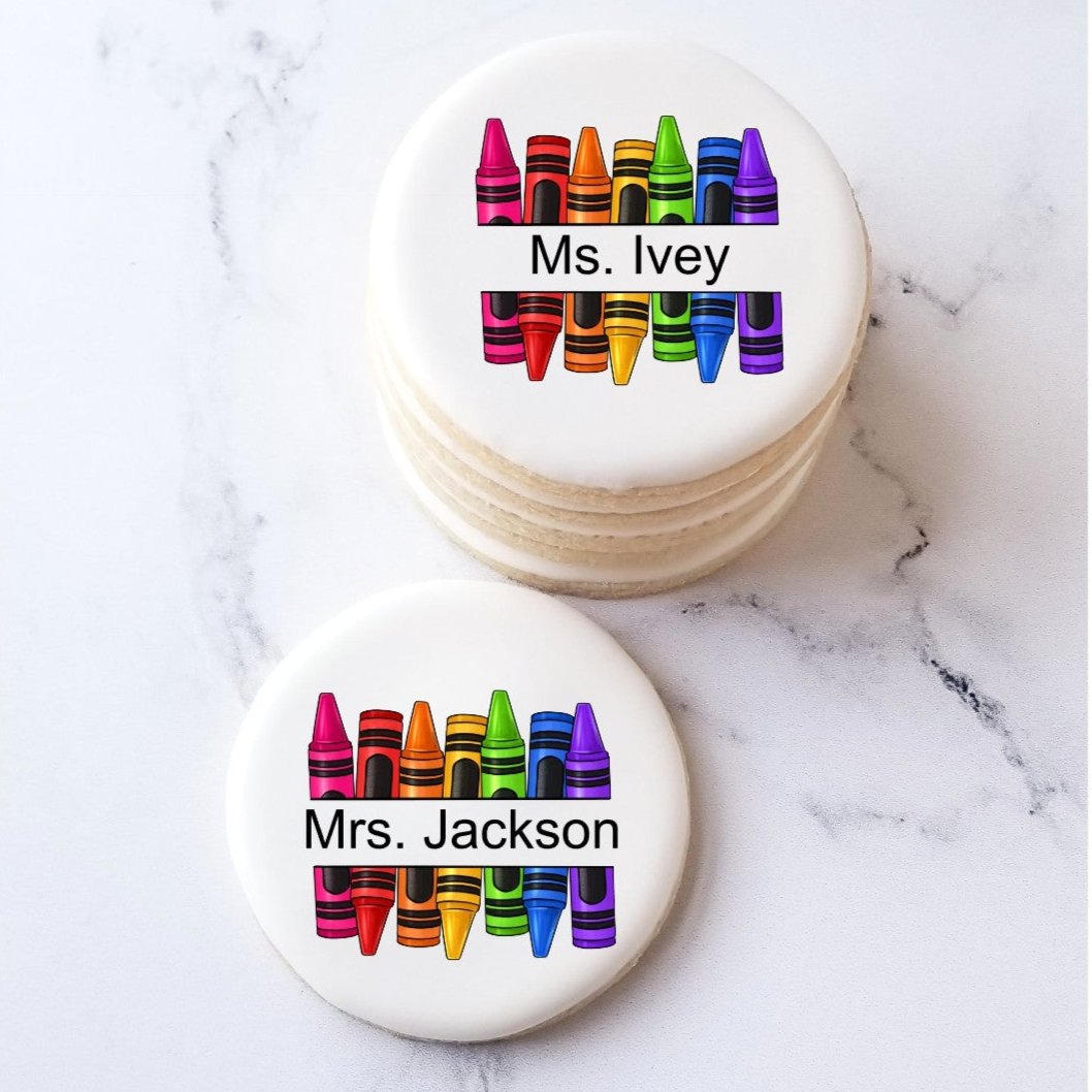 Custom Name Crayon Cookie, teacher cookie, school cookie, back to school cookie