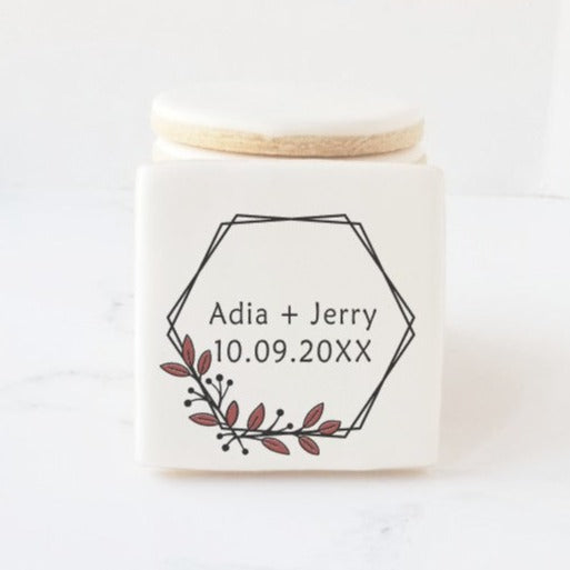 hexagon cookies, hexagon floral wreath cookies, wedding favors, edible place cards, bridal shower cookies, engagement cookies, floral wreath cookie, monogram cookie, wedding cookies, Atlanta cookies, direct print cookies, printed cookies