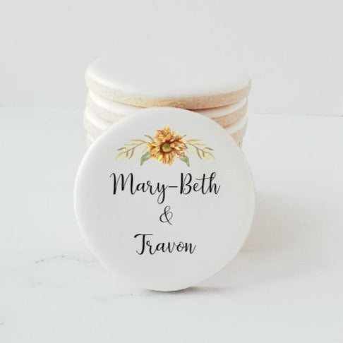 wedding favors, edible place card, unique place card, unique wedding ideas, wedding cookies, monogram cookies, personalized monogram cookies, bride and groom cookies, custom monogram cookies, bridal shower cookies, anniversary cookies, birthday cookies, wedding brunch cookies, rehearsal dinner cookies, sunflower cookies, sunflower wedding cookies, direct print cookies, printed cookies