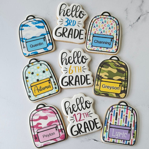 back to school, back to school cookies, 1st day of school, first day of school, hello 1st grade, backpack cookies, school cookies, printed cookies