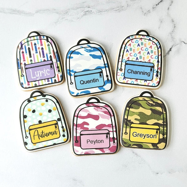 back to school, back to school cookies, 1st day of school, first day of school, hello 1st grade, backpack cookies, school cookies, printed cookies