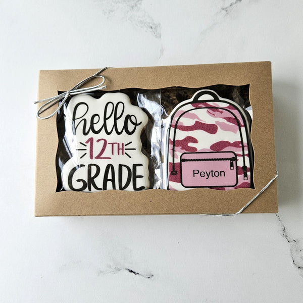 back to school, back to school cookies, 1st day of school, first day of school, hello 1st grade, backpack cookies, school cookies, printed cookies