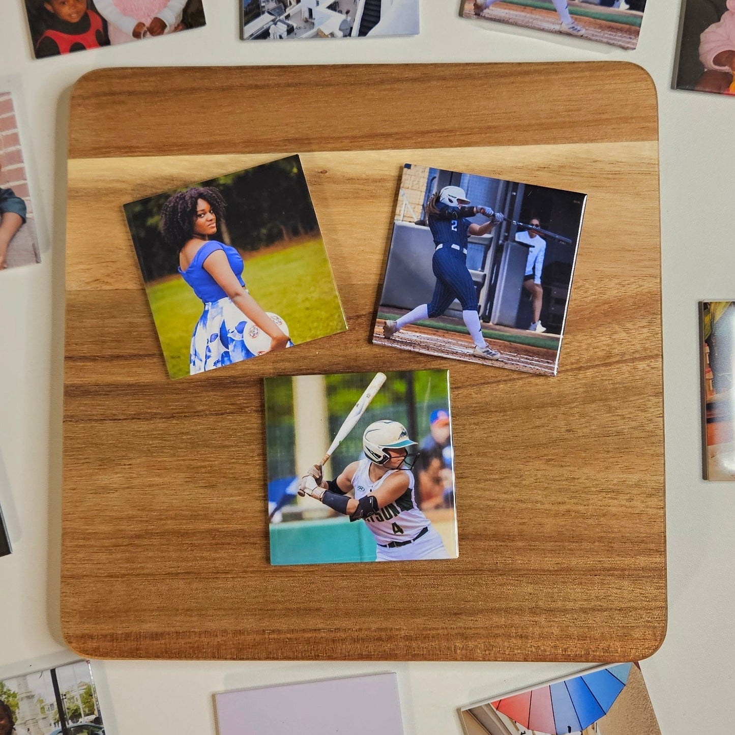 square photo magnet with girls soccer player and softball player photos