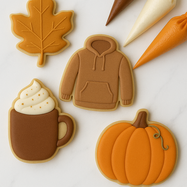 Decorative cookies shaped like a maple leaf, hoodie, mug with hot chocolate, and pumpkin on a white background. Cookie decorating class in Loganville, georgia
