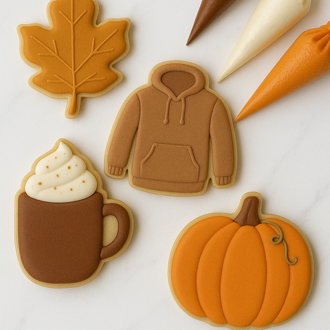 Decorative cookies shaped like a maple leaf, hoodie, mug with hot chocolate, and pumpkin on a white background. Cookie decorating class in Loganville, georgia
