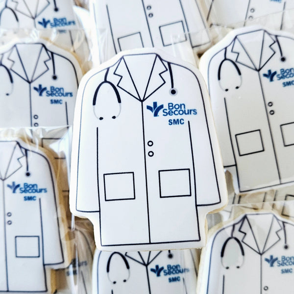 Lab coat cookies, doctor cookies, scientist cookies, pharmacy cookies, pharmacist cookies, pharmacy graduation cookies, medical school graduation, match day cookies
