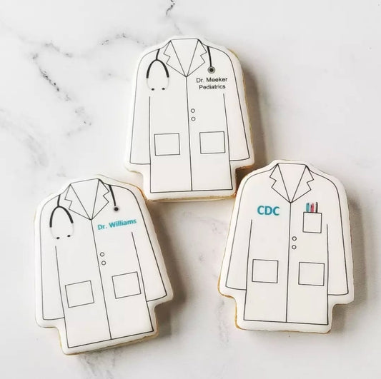 Lab coat cookies, doctor cookies, scientist cookies, pharmacy cookies, pharmacist cookies, pharmacy graduation cookies, medical school graduation, match day cookies
