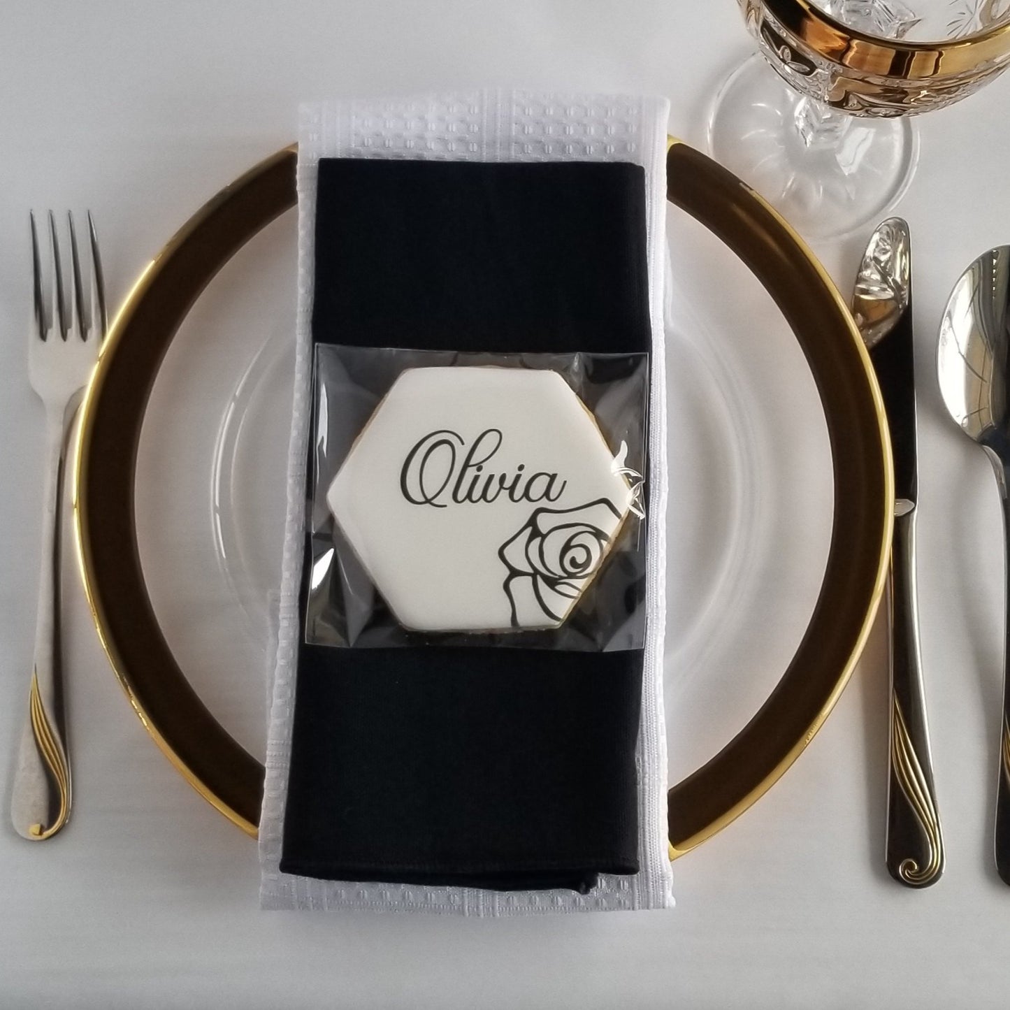 wedding favors, edible place cards, unique wedding ideas, edible wedding favors, monogram cookies, wedding cookies, bridal shower cookies, floral hexagon cookie, birthday cookie, party favor, edible party favor, rehearsal dinner cookie, wedding brunch cookies, direct print cookies, printed cookies