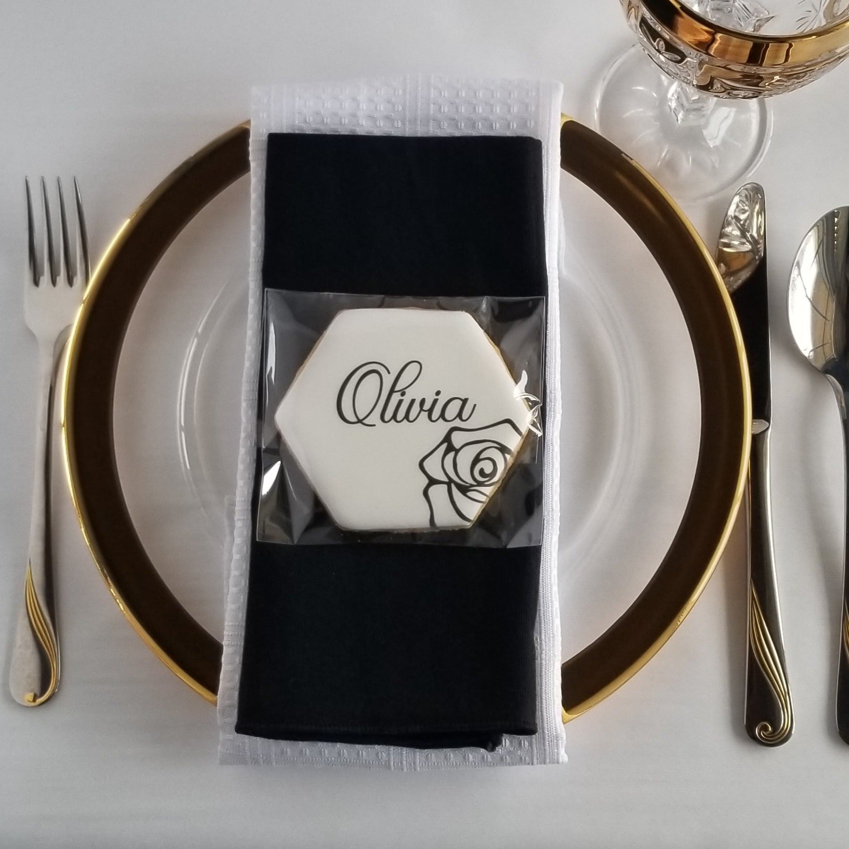 wedding favors, edible place cards, unique wedding ideas, edible wedding favors, monogram cookies, wedding cookies, bridal shower cookies, floral hexagon cookie, birthday cookie, party favor, edible party favor, rehearsal dinner cookie, wedding brunch cookies, direct print cookies, printed cookies