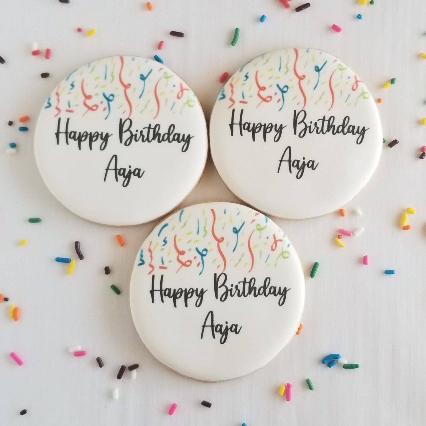 birthday cookies, printed cookies, printed birthday cookies, streamers cookies, edible image cookies, gifts for kids, client gifts, employee gift, sprinkle cookies, personalized cookies, custom printed cookies, logo cookies