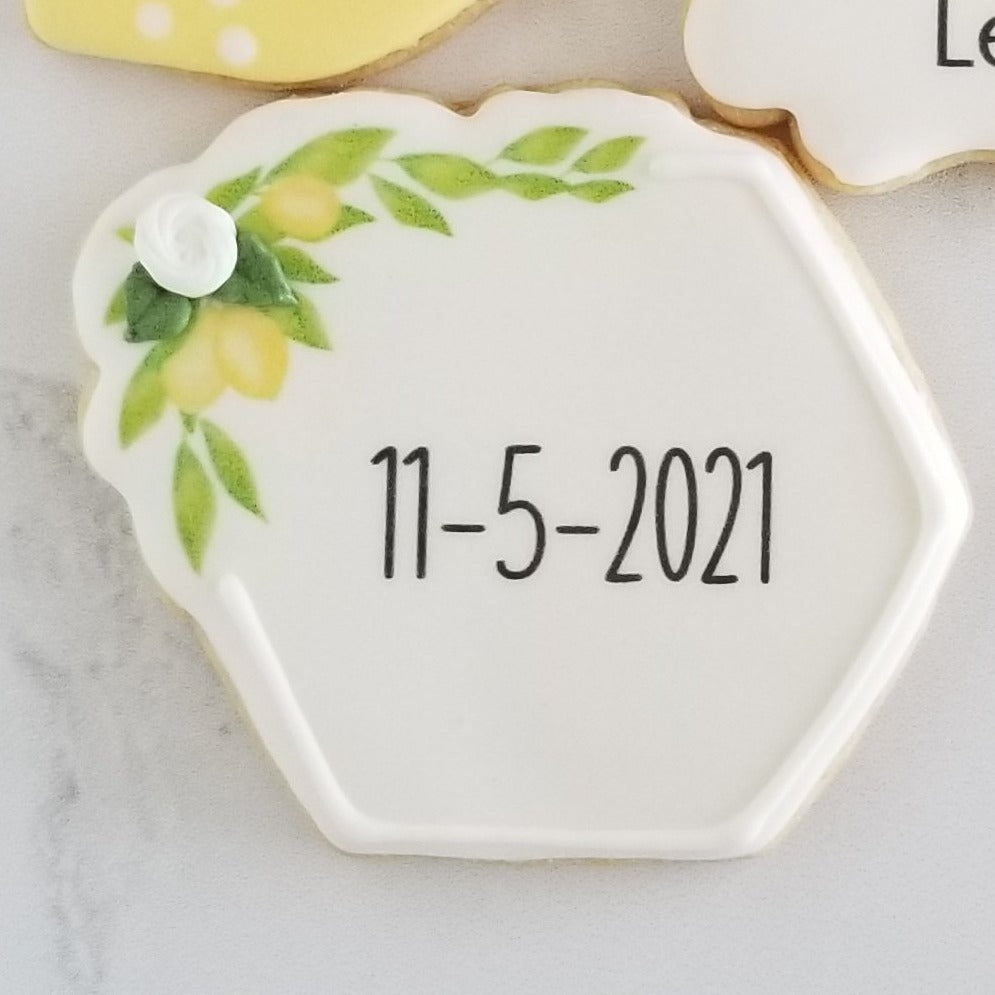 lemon decorated cookie, lemon floral cookie, lemon plaque cookie, lemon wedding cookie, lemon bridal shower cookie, monogram cookies, wedding cookies, bridal shower cookies, lemon themed cookies, floral hexagon cookie, birthday cookie, party favor, edible party favor, rehearsal dinner cookie, wedding brunch cookies, direct print cookies, printed cookies, when life gives you lemons
