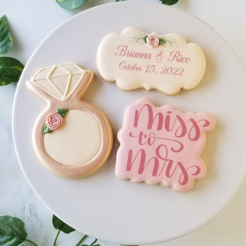 bridal shower cookies, miss to mrs, miss to mrs cookies, wedding cookies, rehearsal dinner cookies, wedding brunch cookies, printed cookies, wedding printed cookies, direct print cookies, wedding ring cookies