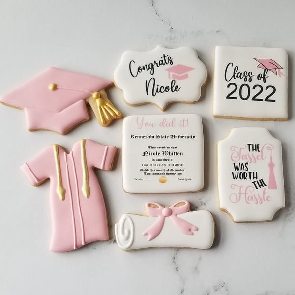 graduation cookies, diploma cookies, graduation cap cookies, graduation gown cookies, the tassel was worth the hassle, class of, diploma cookies, pink graduation cookies, pink and gold