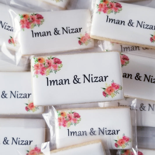 wedding favors, edible place cards, unique wedding ideas, edible image cookies, floral wedding cookies, floral rectangle name cookies, name cookies, printed cookies