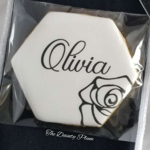 wedding favors, edible place cards, unique wedding ideas, edible wedding favors, monogram cookies, wedding cookies, bridal shower cookies, floral hexagon cookie, birthday cookie, party favor, edible party favor, rehearsal dinner cookie, wedding brunch cookies, direct print cookies, printed cookies