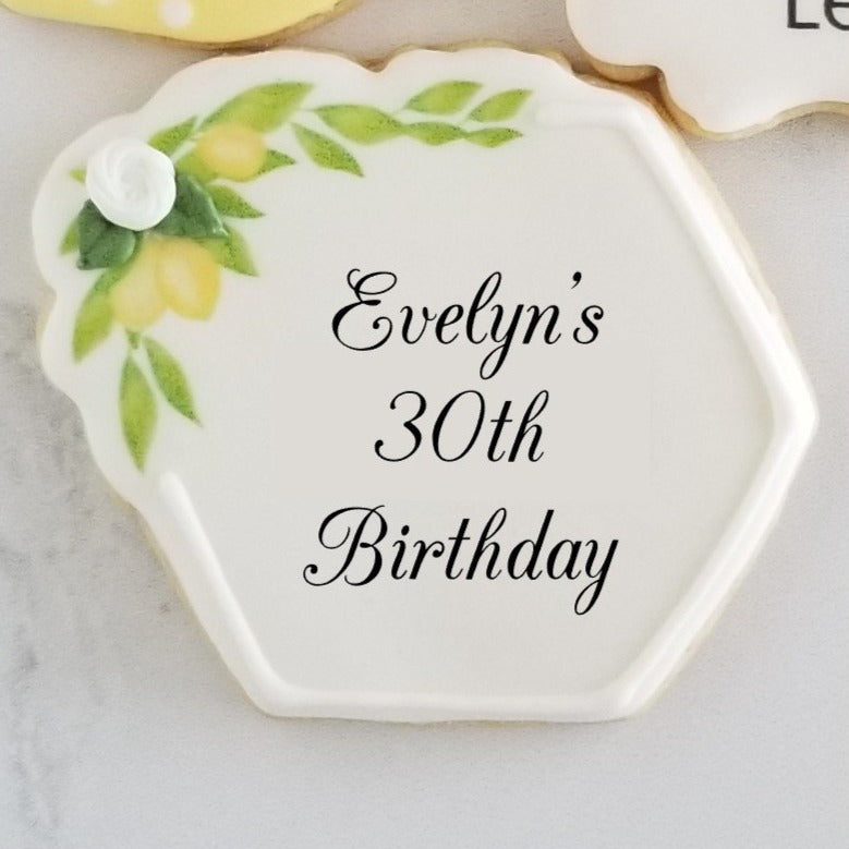 lemon decorated cookie, lemon floral cookie, lemon plaque cookie, lemon wedding cookie, lemon bridal shower cookie, monogram cookies, wedding cookies, bridal shower cookies, lemon themed cookies, floral hexagon cookie, birthday cookie, party favor, edible party favor, rehearsal dinner cookie, wedding brunch cookies, direct print cookies, printed cookies, when life gives you lemons, lemon birthday cookies