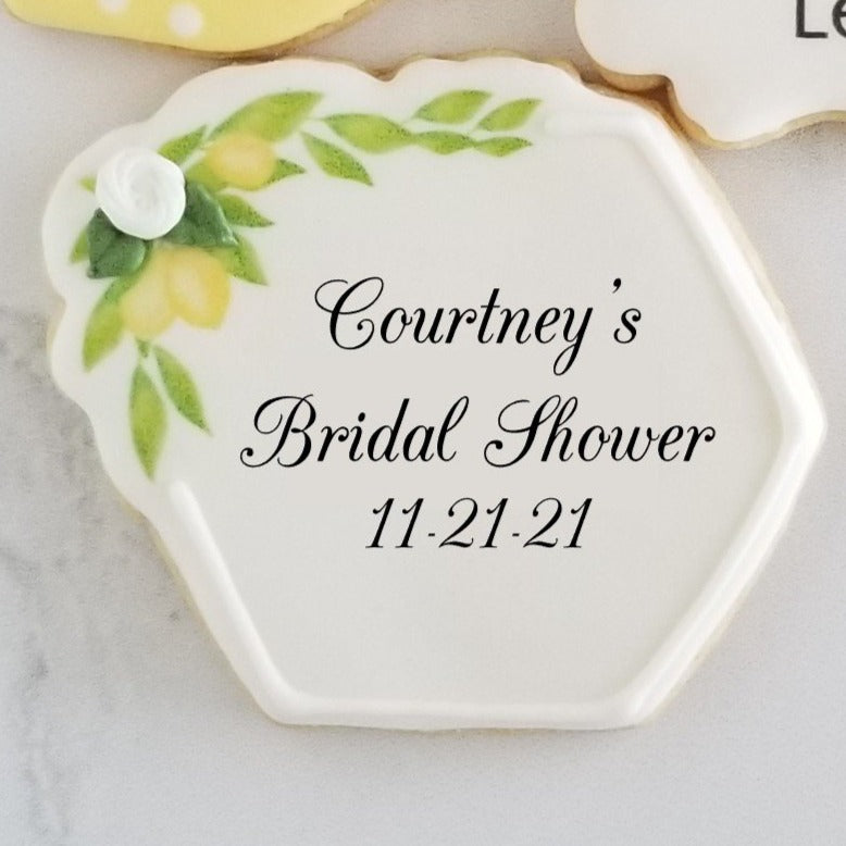 lemon decorated cookie, lemon floral cookie, lemon plaque cookie, lemon wedding cookie, lemon bridal shower cookie, monogram cookies, wedding cookies, bridal shower cookies, lemon themed cookies, floral hexagon cookie, birthday cookie, party favor, edible party favor, rehearsal dinner cookie, wedding brunch cookies, direct print cookies, printed cookies, when life gives you lemons