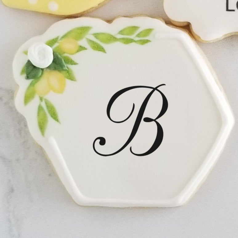 monogram cookies, wedding cookies, bridal shower cookies, lemon themed cookies, floral hexagon cookie, birthday cookie, party favor, edible party favor, rehearsal dinner cookie, wedding brunch cookies, direct print cookies, printed cookies, when life gives you lemons