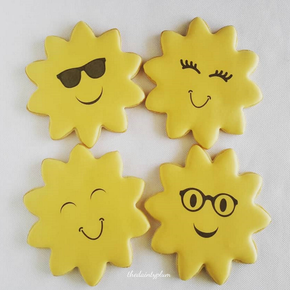 emoji cookies, sun cookies, smiling sun cookies, brighten your day cookies, get well cookies