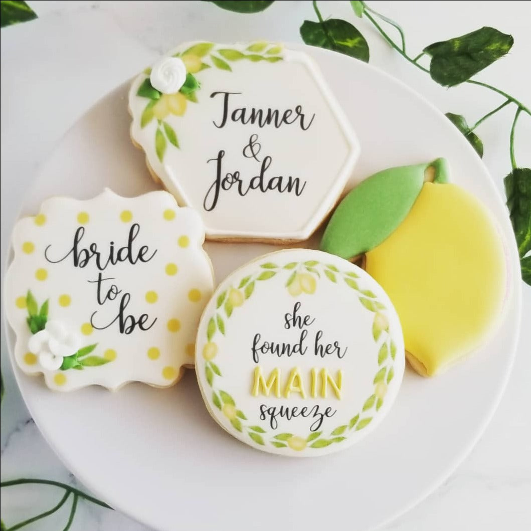 lemon themed bridal shower, lemon cookies, lemon wedding cookies, lemon bridal shower, wedding cookies, bridal shower cookies, she found her main squeeze