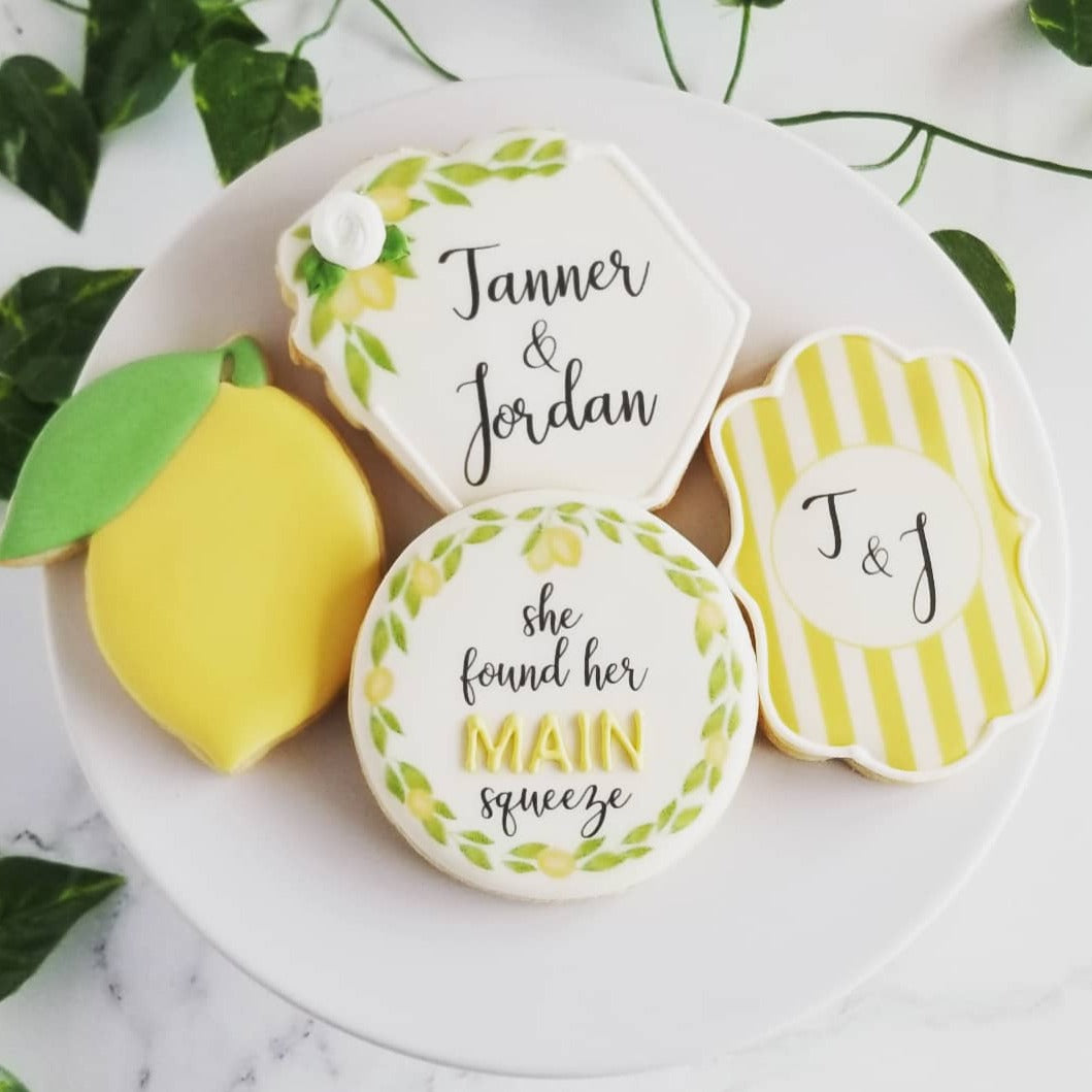 lemon themed bridal shower, lemon cookies, lemon wedding cookies, lemon bridal shower, wedding cookies, bridal shower cookies, she found her main squeeze