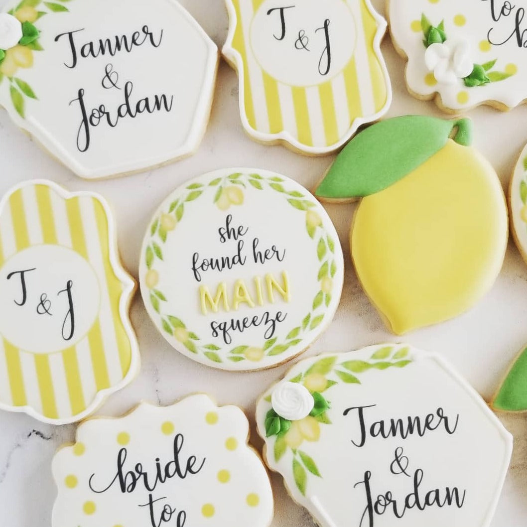 lemon themed bridal shower, lemon cookies, lemon wedding cookies, lemon bridal shower, wedding cookies, bridal shower cookies, she found her main squeeze