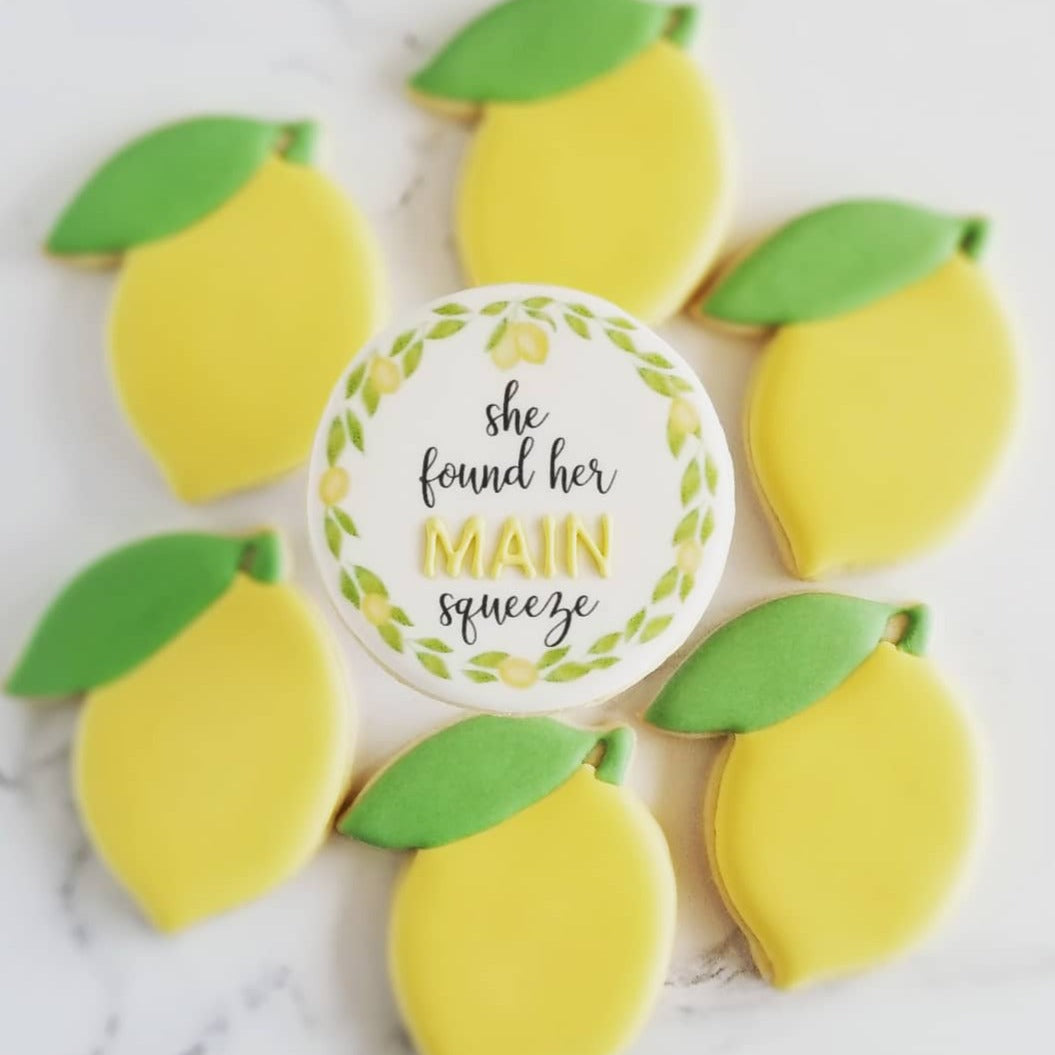 lemon themed bridal shower, lemon cookies, lemon wedding cookies, lemon bridal shower, wedding cookies, bridal shower cookies, she found her main squeeze
