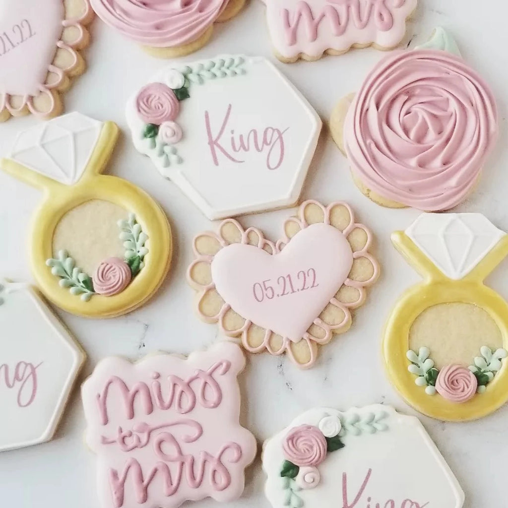 wedding cookies, bridal shower cookies, wedding ring cookies, hexagon plaque cookie, floral bridal shower cookies, Miss to Mrs cookies