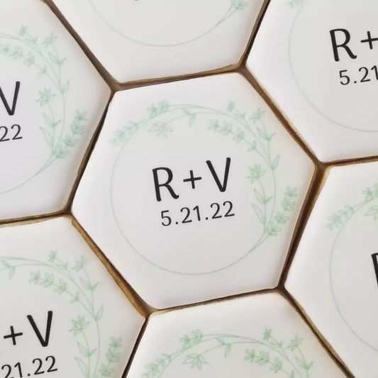 hexagon cookies, hexagon floral wreath cookies, wedding favors, edible place cards, bridal shower cookies, engagement cookies, floral wreath cookie, monogram cookie, wedding cookies, Atlanta cookies, direct print cookies, printed cookies