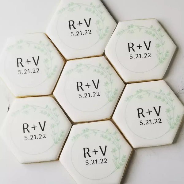hexagon cookies, hexagon floral wreath cookies, wedding favors, edible place cards, bridal shower cookies, engagement cookies, floral wreath cookie, monogram cookie, wedding cookies, direct print cookies, printed cookies