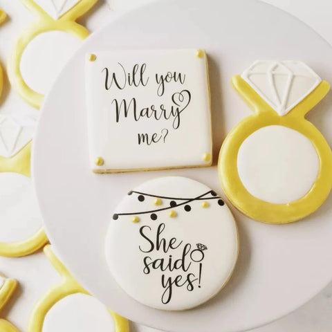 engagement cookies, will you marry me, she said yes, he asked, wedding cookies, bridal shower cookies, wedding day