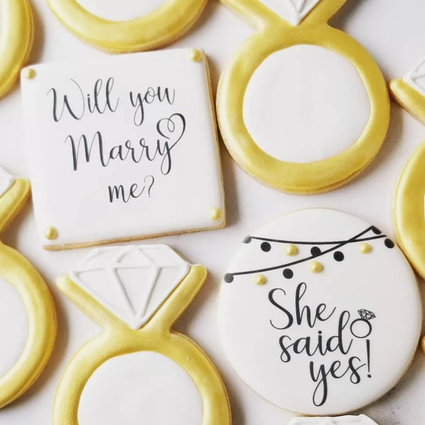 engagement cookies, will you marry me, she said yes, he asked, wedding cookies, bridal shower cookies, wedding day