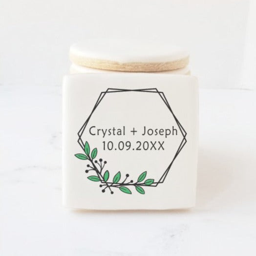hexagon cookies, hexagon floral wreath cookies, wedding favors, edible place cards, bridal shower cookies, engagement cookies, floral wreath cookie, monogram cookie, wedding cookies, Atlanta cookies, direct print cookies, printed cookies
