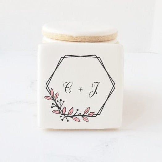 hexagon cookies, hexagon floral wreath cookies, wedding favors, edible place cards, bridal shower cookies, engagement cookies, floral wreath cookie, monogram cookie, wedding cookies, Atlanta cookies, direct print cookies, printed cookies