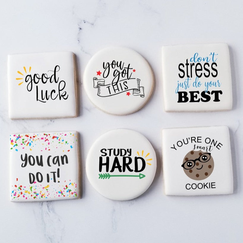 printed cookies, streamers cookies, edible image cookies, gifts for kids, client gifts, employee gift, sprinkle cookies, personalized cookies, custom printed cookies, logo cookies, care package cookies, college care package, student care package, one smart cookie, good luck cookies