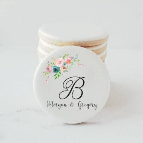 wedding favors, edible place card, unique place card, unique wedding ideas, wedding cookies, monogram cookies, personalized monogram cookies, bride and groom cookies, custom monogram cookies, bridal shower cookies, anniversary cookies, birthday cookies, wedding brunch cookies, rehearsal dinner cookies, direct print cookies, printed cookies